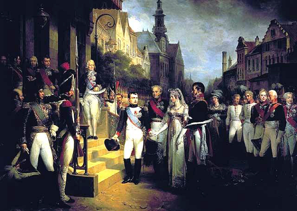 Napoléon à Tilsit avec Frédéric-Guillaume III de Prusse et Louise de Mecklembourg-Strelitz - Charles-Maurice de Talleyrand-Périgord est de face en haut de l'escalier - par Nicolas Gosse
